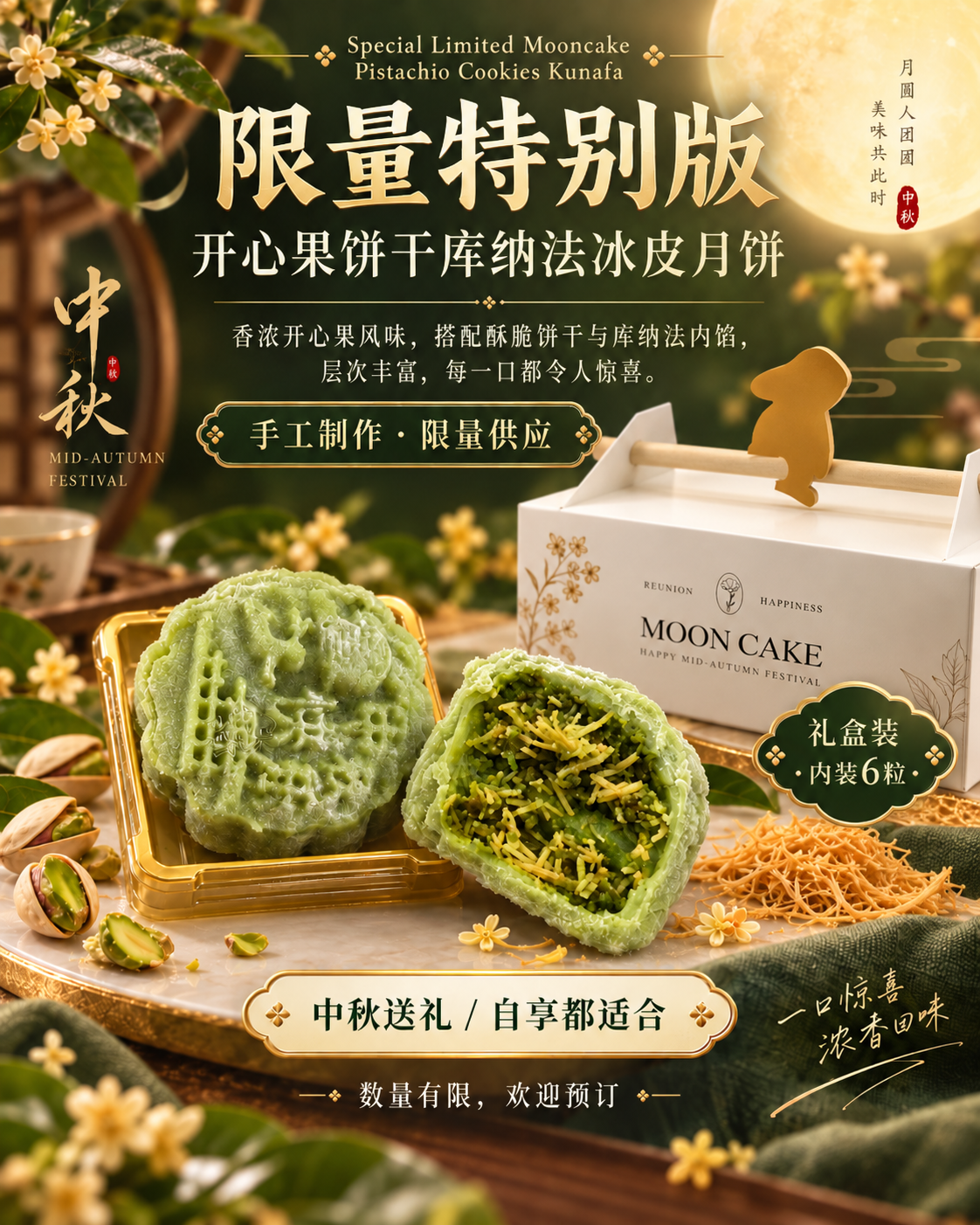 Special Limited Mooncake – Pistachio Cookies Kunafa 冰皮月饼礼盒 6粒装